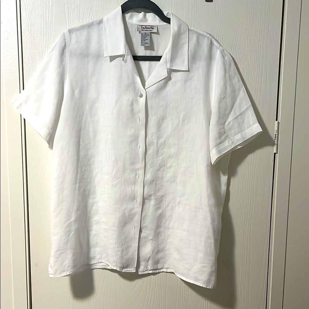 Talbots White 100% Irish Linen Short Sleeve Button Down Collared Shirt Size 14
